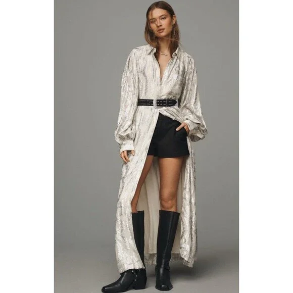 Anthropologie | Dresses | Anthropologie Maxi Shirt Dress Silver Lurex Long  Sleeve Preppy Boho Flowy X Nwt | Poshmark